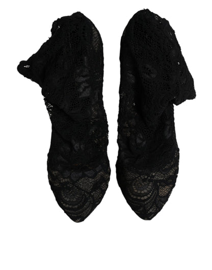 Dolce & Gabbana Black Lace Stretch Heels Mid Calf Boots Shoes by Dolce & Gabbana