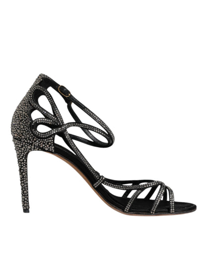Dolce & Gabbana Black Strass Ankle Strap Heels Sandals Shoes by Dolce & Gabbana