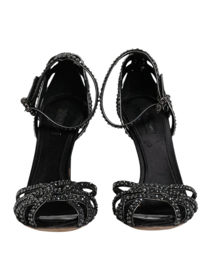 Dolce & Gabbana Black Strass Ankle Strap Heels Sandals Shoes by Dolce & Gabbana