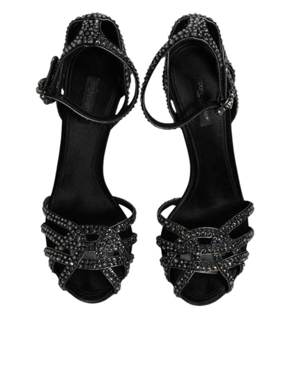 Dolce & Gabbana Black Strass Ankle Strap Heels Sandals Shoes by Dolce & Gabbana
