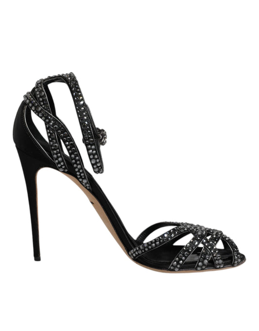 Dolce & Gabbana Black Strass Ankle Strap Heels Sandals Shoes by Dolce & Gabbana