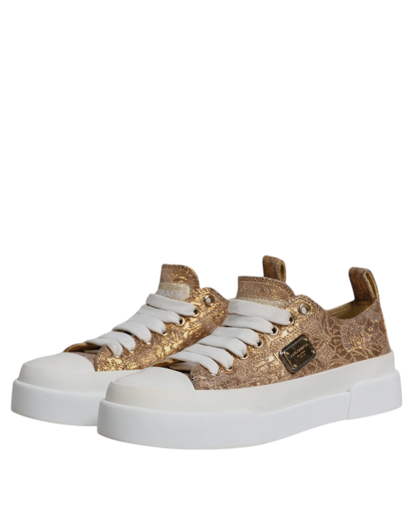 Dolce & Gabbana Gold White Logo Low Top Sneakers Shoes by Dolce & Gabbana