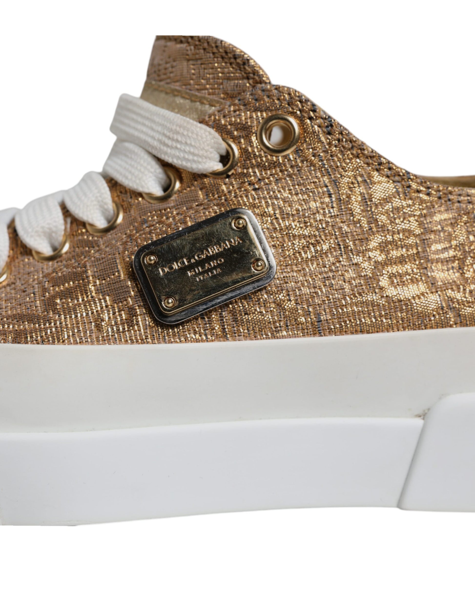 Dolce & Gabbana Gold White Logo Low Top Sneakers Shoes by Dolce & Gabbana