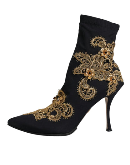 Dolce & Gabbana Black Gold Embroidery Slip On Boots Shoes by Dolce & Gabbana