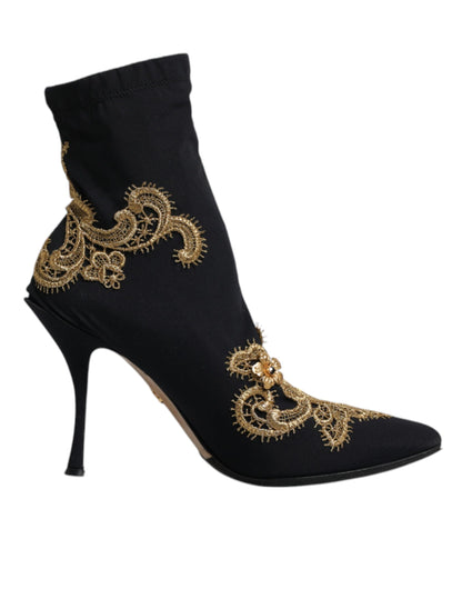 Dolce & Gabbana Black Gold Embroidery Slip On Boots Shoes by Dolce & Gabbana