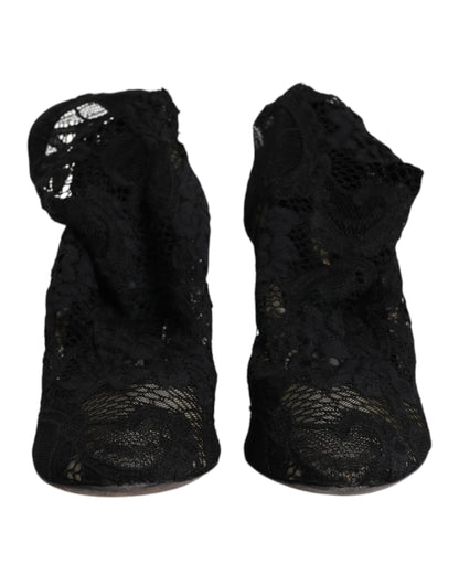 Dolce & Gabbana Black Lace Stretch Heels Mid Calf Boots Shoes by Dolce & Gabbana