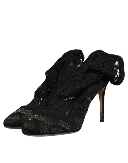 Dolce & Gabbana Black Lace Stretch Heels Mid Calf Boots Shoes by Dolce & Gabbana