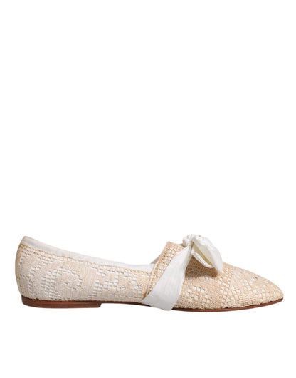 Dolce &amp; Gabbana Beige Ribbon Fabric Ballerina Flats Shoes