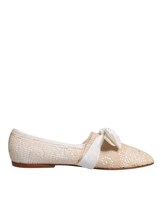 Dolce &amp; Gabbana Beige Ribbon Fabric Ballerina Flats Shoes