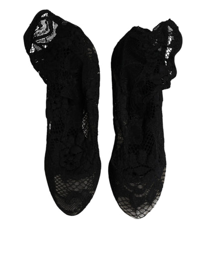Dolce & Gabbana Black Lace Stretch Heels Mid Calf Boots Shoes by Dolce & Gabbana