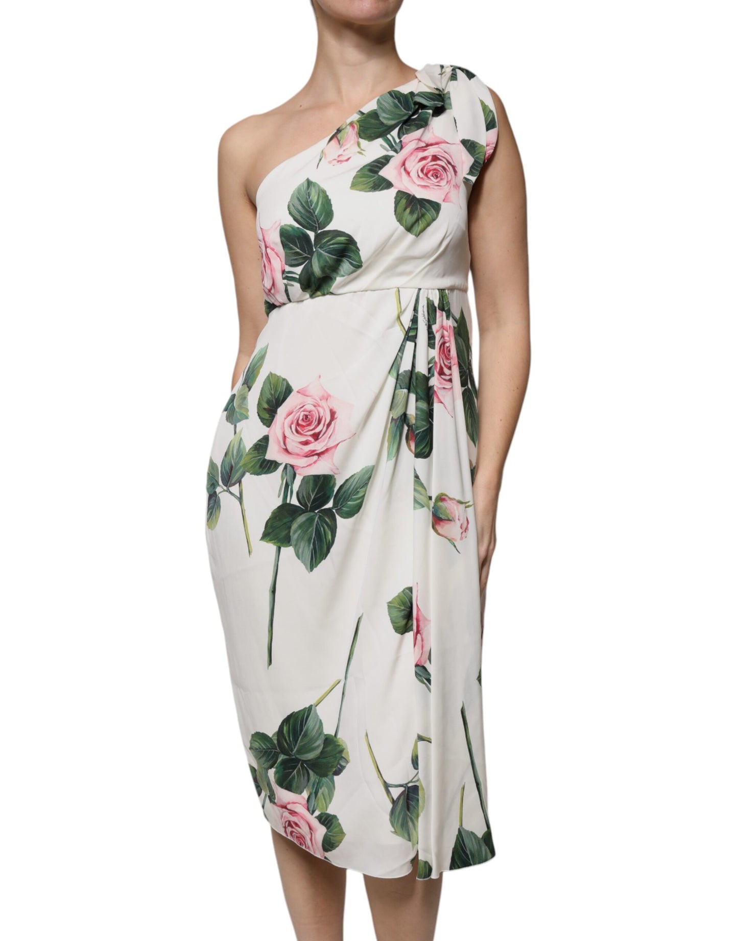 Dolce & Gabbana White Floral Silk One Shoulder Midi Dress by Dolce & Gabbana