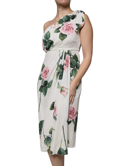 Dolce & Gabbana White Floral Silk One Shoulder Midi Dress by Dolce & Gabbana