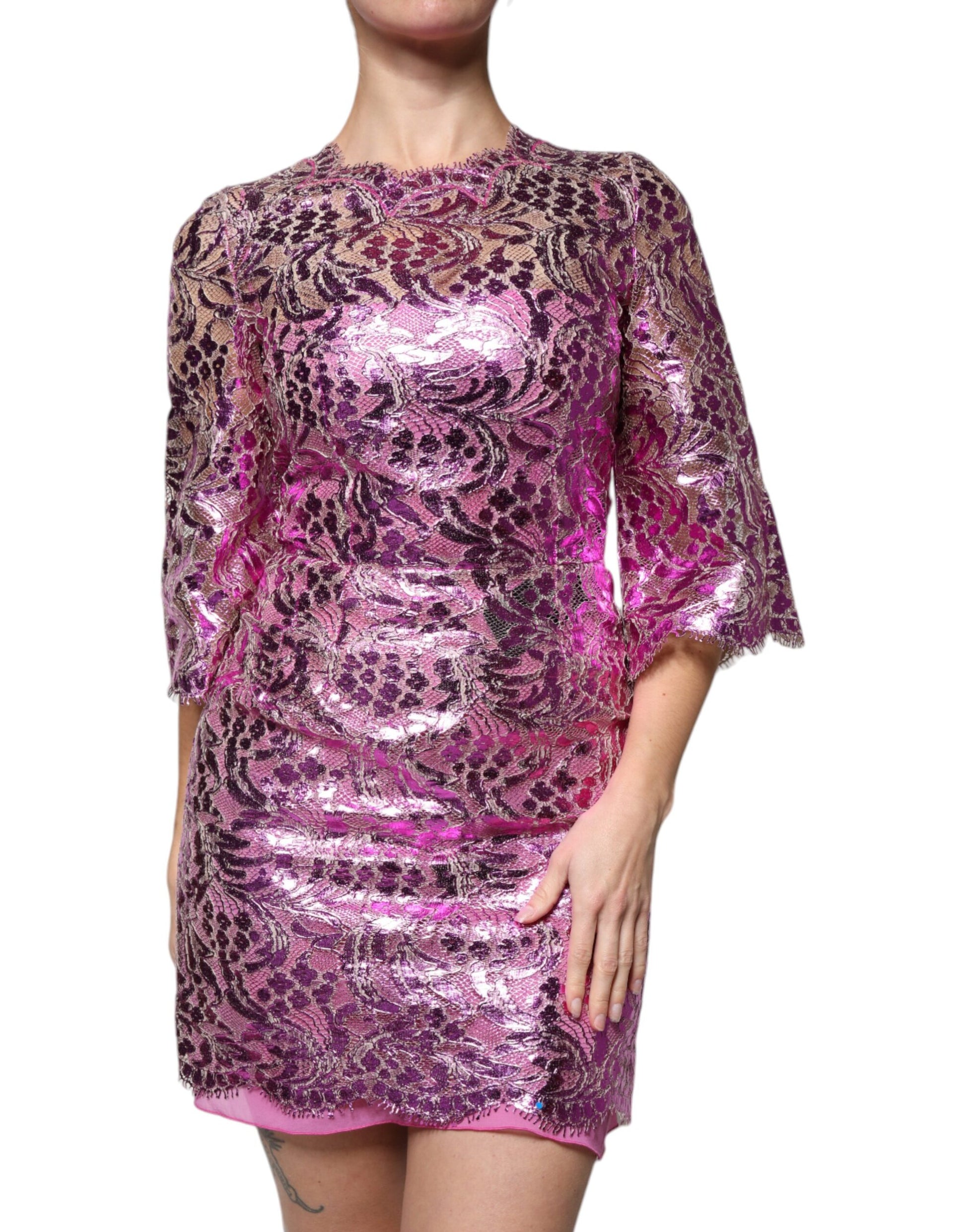 Dolce & Gabbana Metallic Fuchsia Floral Sheath Mini Dress by Dolce & Gabbana