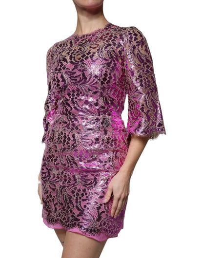 Dolce & Gabbana Metallic Fuchsia Floral Sheath Mini Dress by Dolce & Gabbana