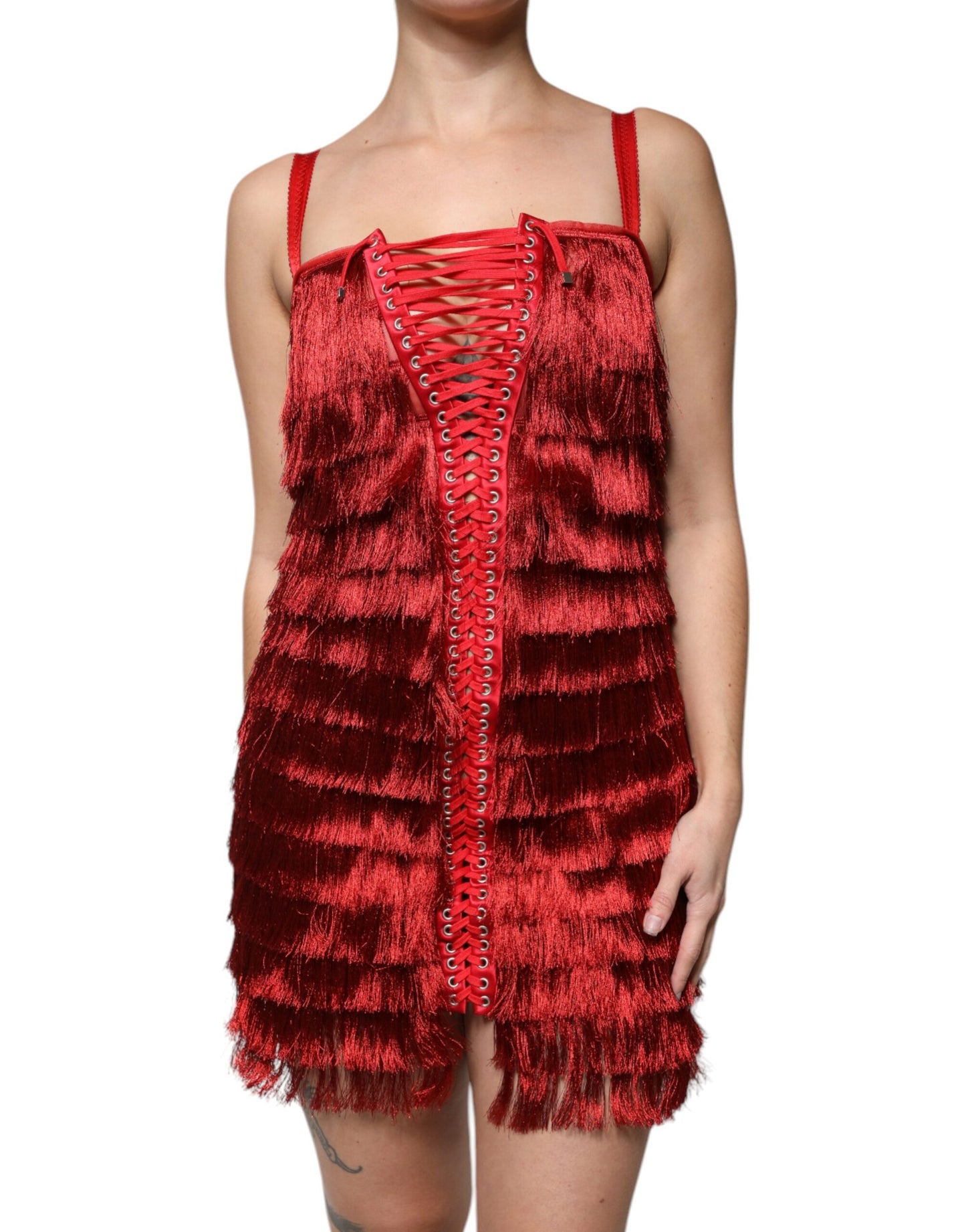 Dolce & Gabbana Red Lace Tassel Sleeveless Sheath Mini Dress by Dolce & Gabbana