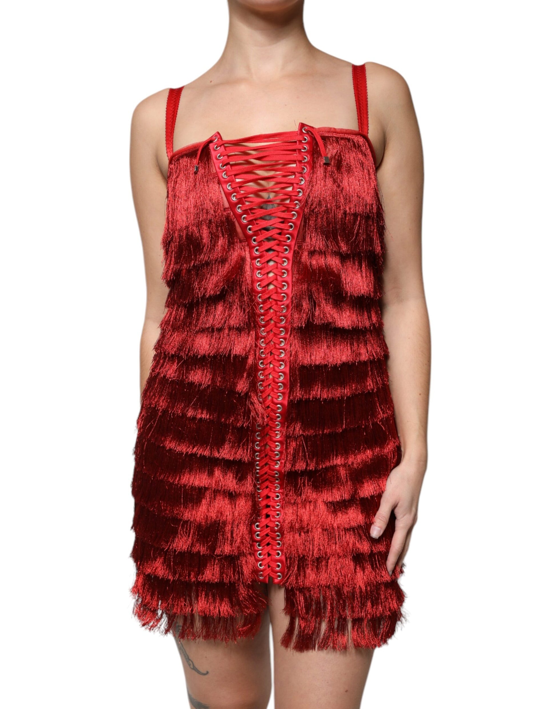 Dolce & Gabbana Red Lace Tassel Sleeveless Sheath Mini Dress by Dolce & Gabbana