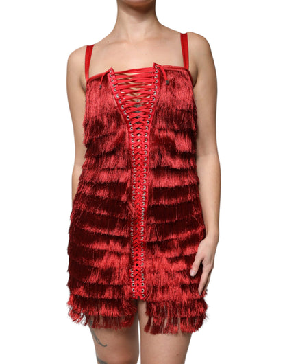 Dolce & Gabbana Red Lace Tassel Sleeveless Sheath Mini Dress by Dolce & Gabbana