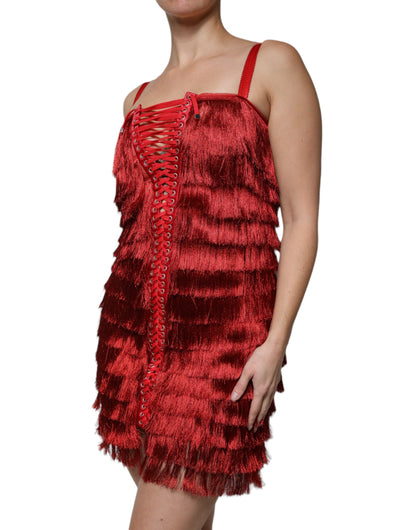 Dolce & Gabbana Red Lace Tassel Sleeveless Sheath Mini Dress by Dolce & Gabbana
