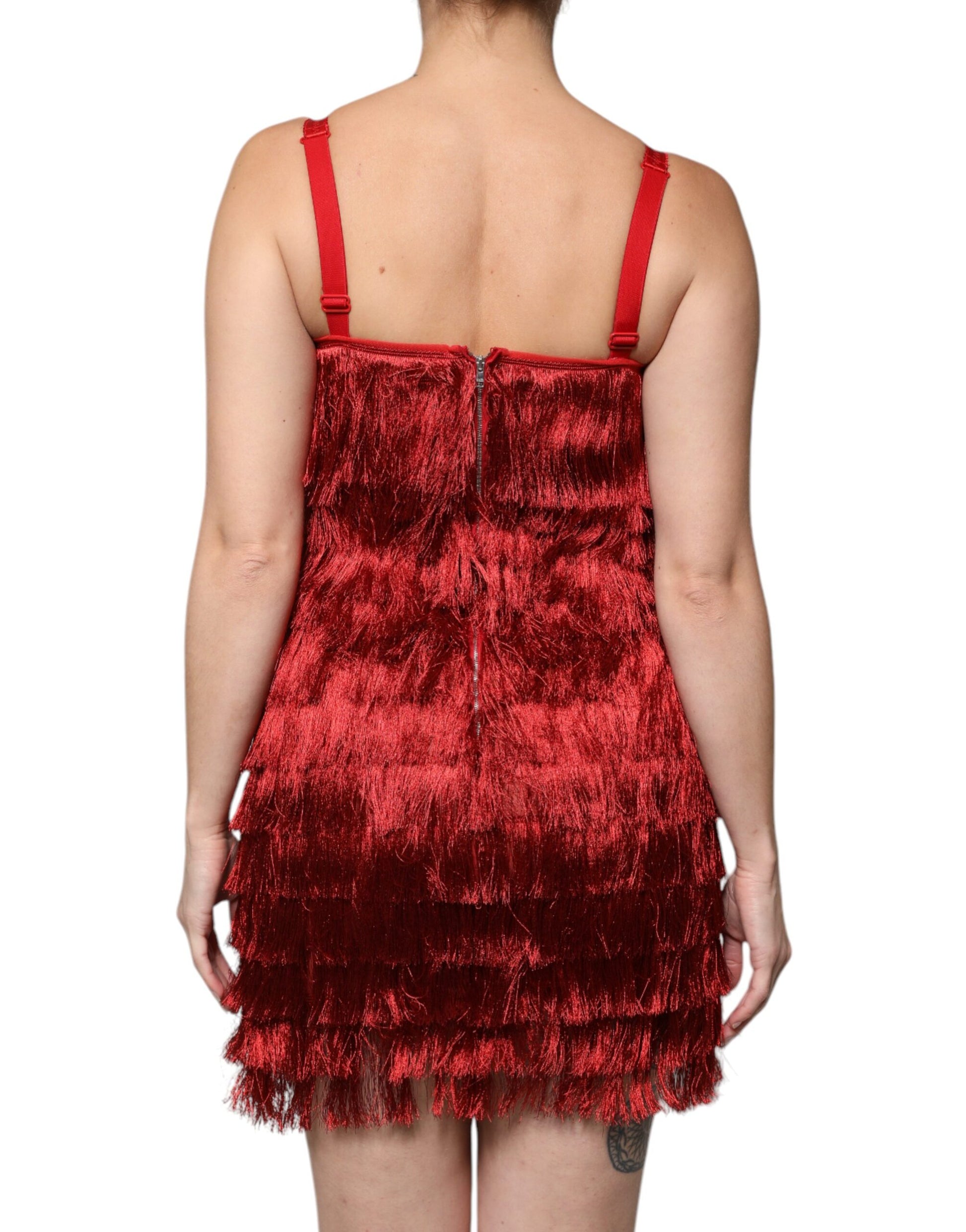 Dolce & Gabbana Red Lace Tassel Sleeveless Sheath Mini Dress by Dolce & Gabbana