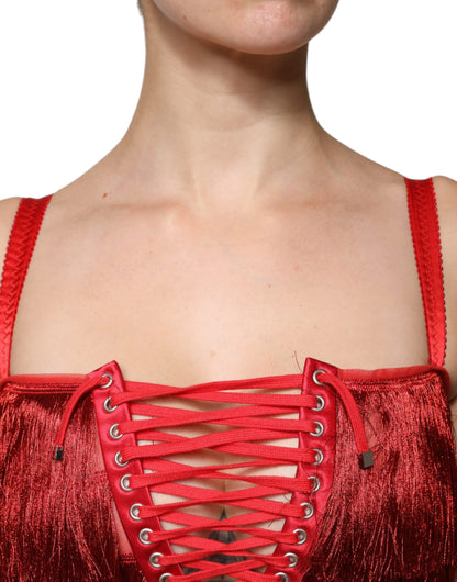 Dolce & Gabbana Red Lace Tassel Sleeveless Sheath Mini Dress by Dolce & Gabbana