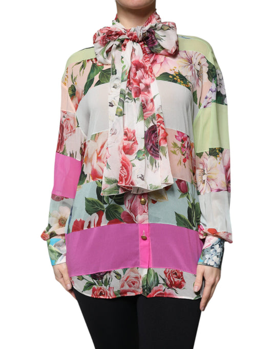 Dolce & Gabbana Multicolor Floral Patchwork Ascot Collar Top by Dolce & Gabbana