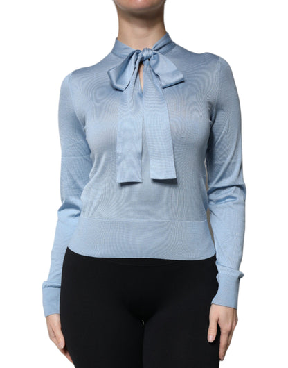 Dolce & Gabbana Blue Silk Knit Pullover Ascot Collar Top by Dolce & Gabbana