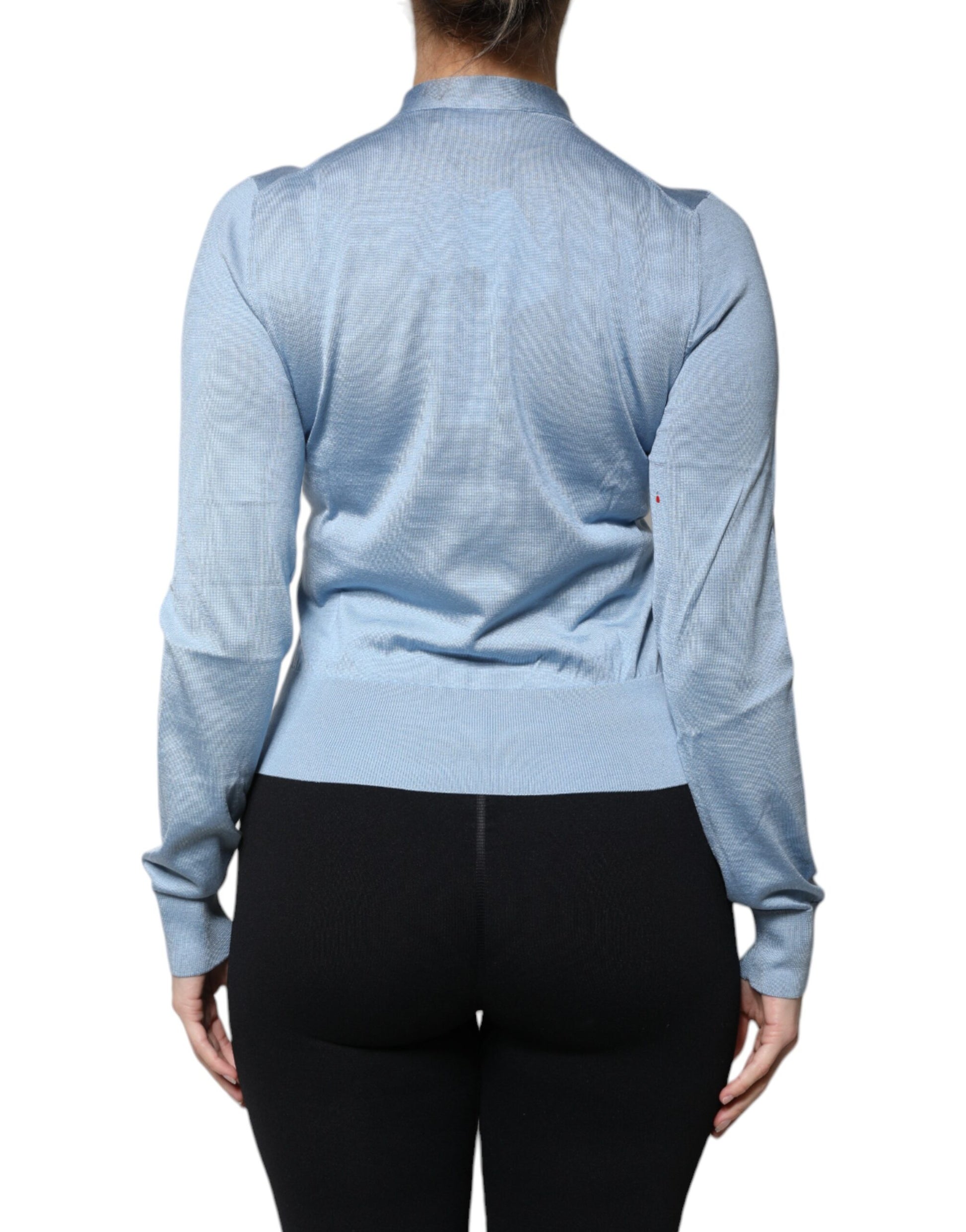 Dolce & Gabbana Blue Silk Knit Pullover Ascot Collar Top by Dolce & Gabbana