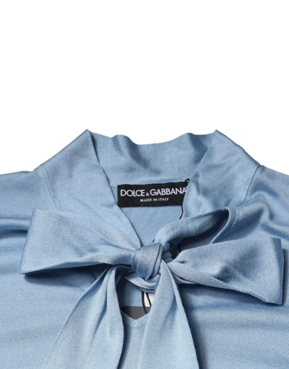 Dolce & Gabbana Blue Silk Knit Pullover Ascot Collar Top by Dolce & Gabbana