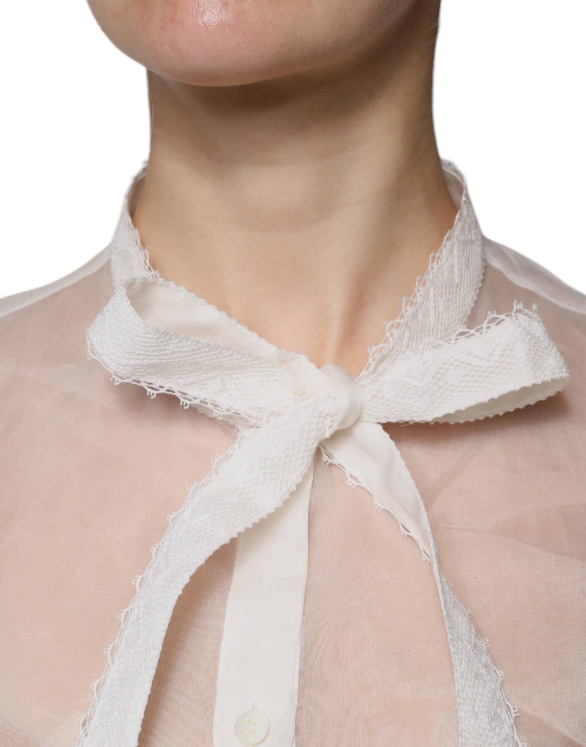 Dolce & Gabbana White Ascot Collar Long Sleeves Blouse Top by Dolce & Gabbana