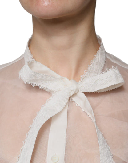 Dolce & Gabbana White Ascot Collar Long Sleeves Blouse Top by Dolce & Gabbana