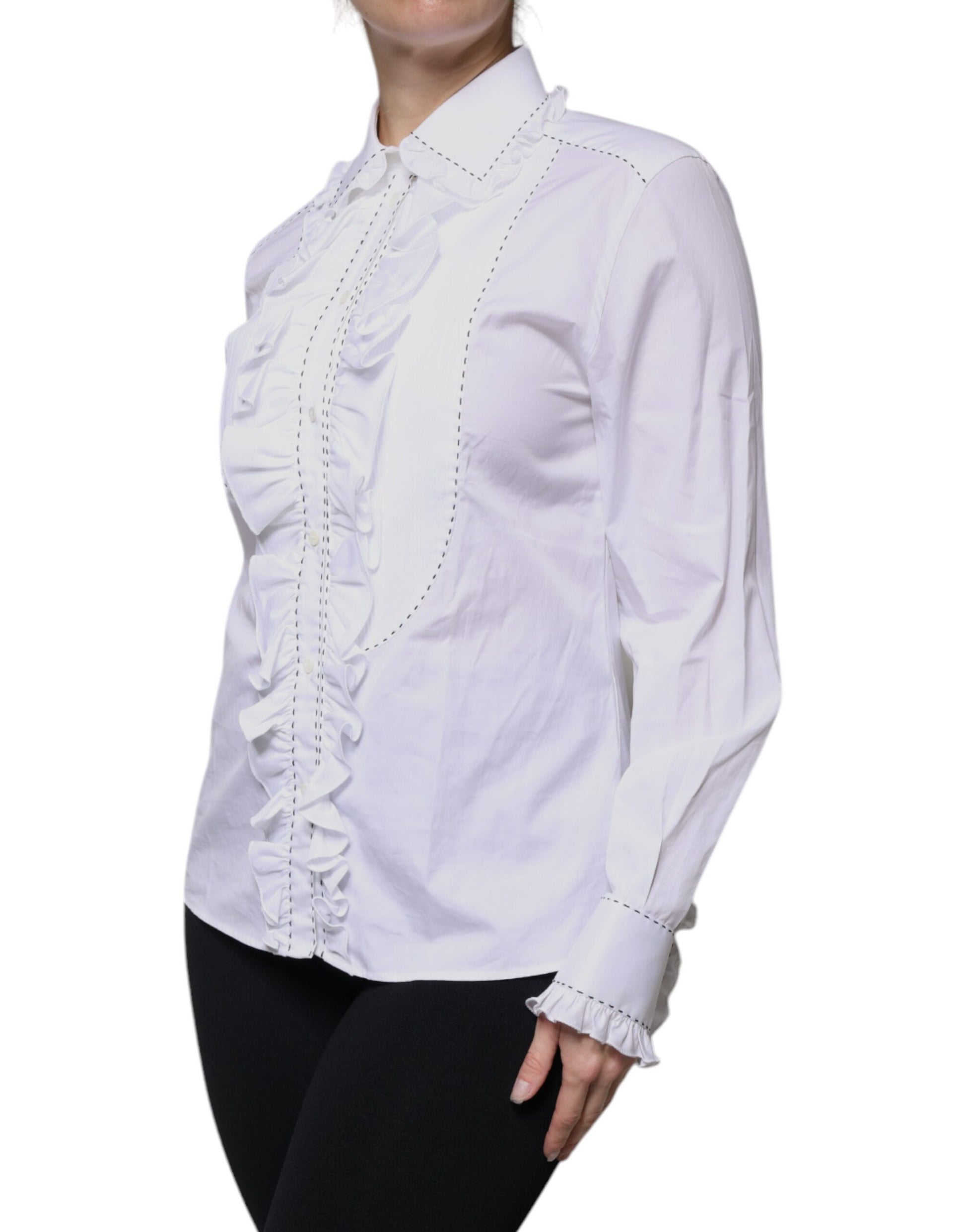 Dolce & Gabbana White Cotton Long Sleeves Ruffle Collar Top by Dolce & Gabbana