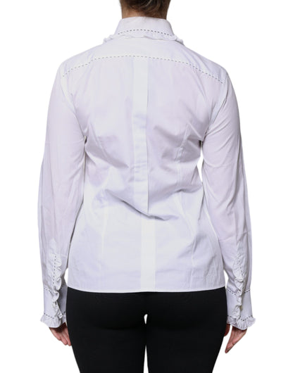 Dolce & Gabbana White Cotton Long Sleeves Ruffle Collar Top by Dolce & Gabbana