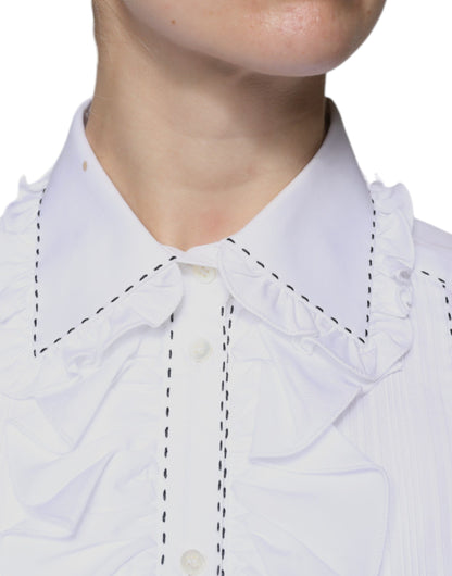 Dolce & Gabbana White Cotton Long Sleeves Ruffle Collar Top by Dolce & Gabbana