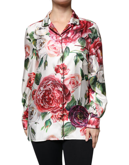 Dolce & Gabbana White Peony Silk Long Sleeves Collared Blouse Top by Dolce & Gabbana