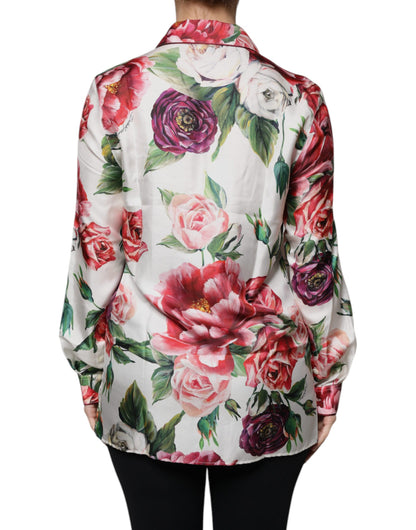 Dolce & Gabbana White Peony Silk Long Sleeves Collared Blouse Top by Dolce & Gabbana