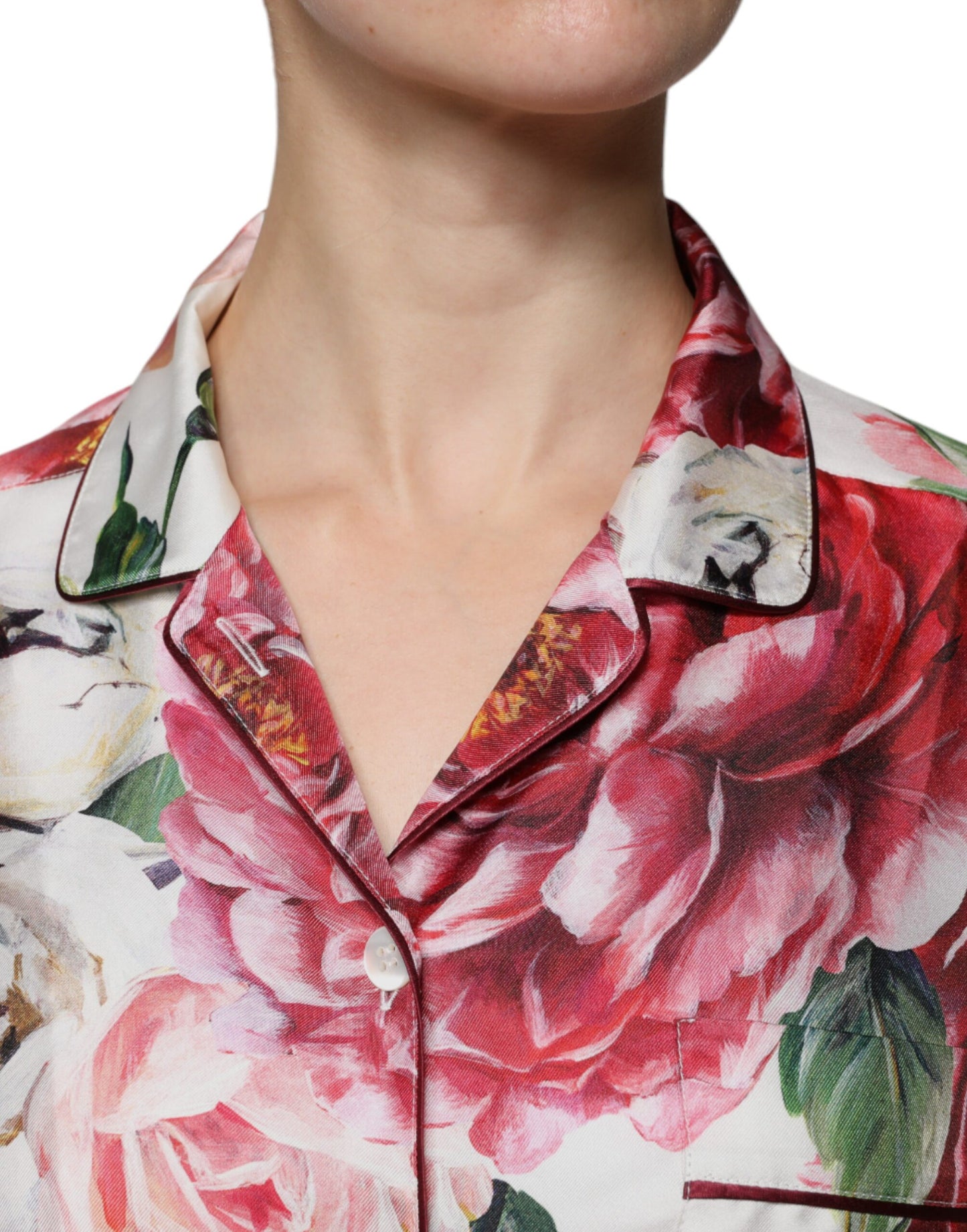 Dolce & Gabbana White Peony Silk Long Sleeves Collared Blouse Top by Dolce & Gabbana