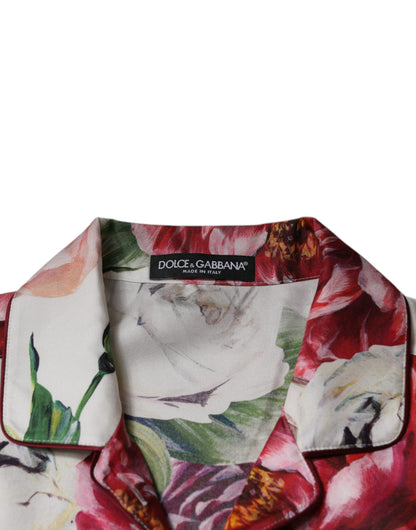 Dolce & Gabbana White Peony Silk Long Sleeves Collared Blouse Top by Dolce & Gabbana