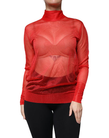 Dolce & Gabbana Red Mesh Turtleneck Long Sleeve Blouse Top by Dolce & Gabbana
