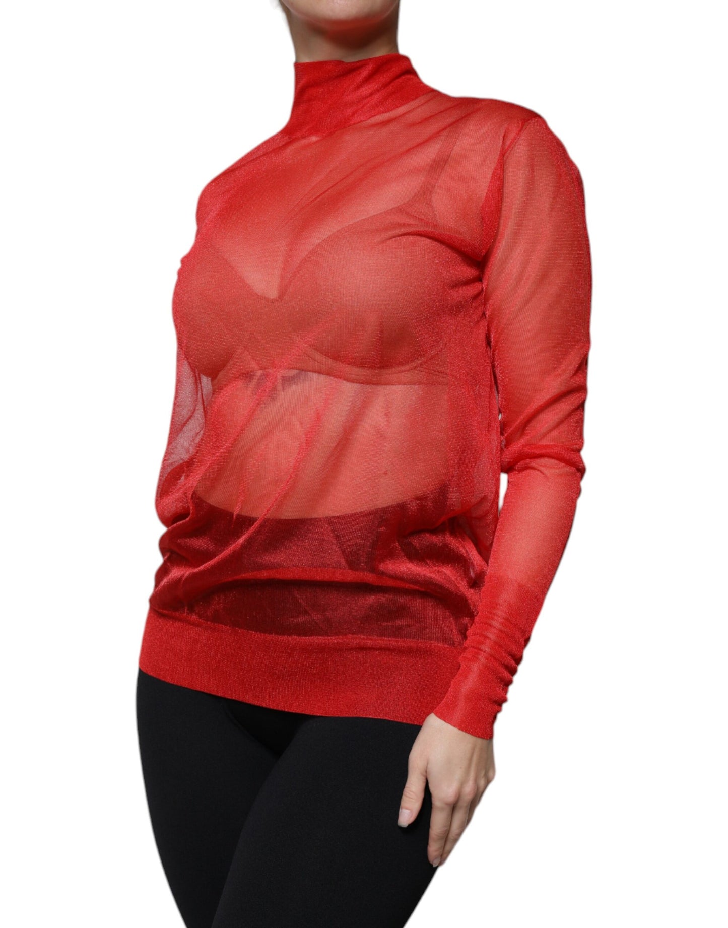 Dolce & Gabbana Red Mesh Turtleneck Long Sleeve Blouse Top by Dolce & Gabbana