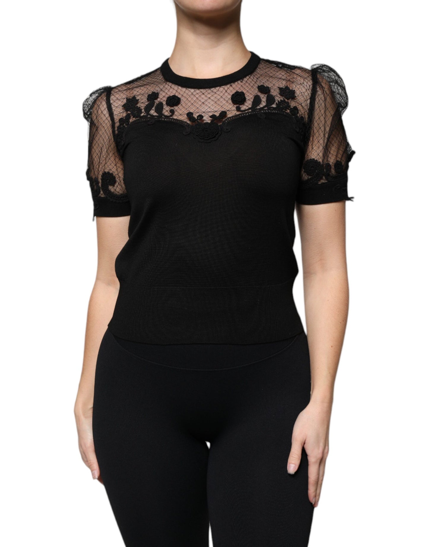 Dolce & Gabbana Black Floral Lace Short Sleeves Blouse Top by Dolce & Gabbana