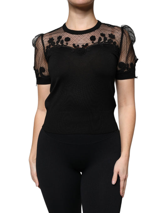 Dolce & Gabbana Black Floral Lace Short Sleeves Blouse Top by Dolce & Gabbana