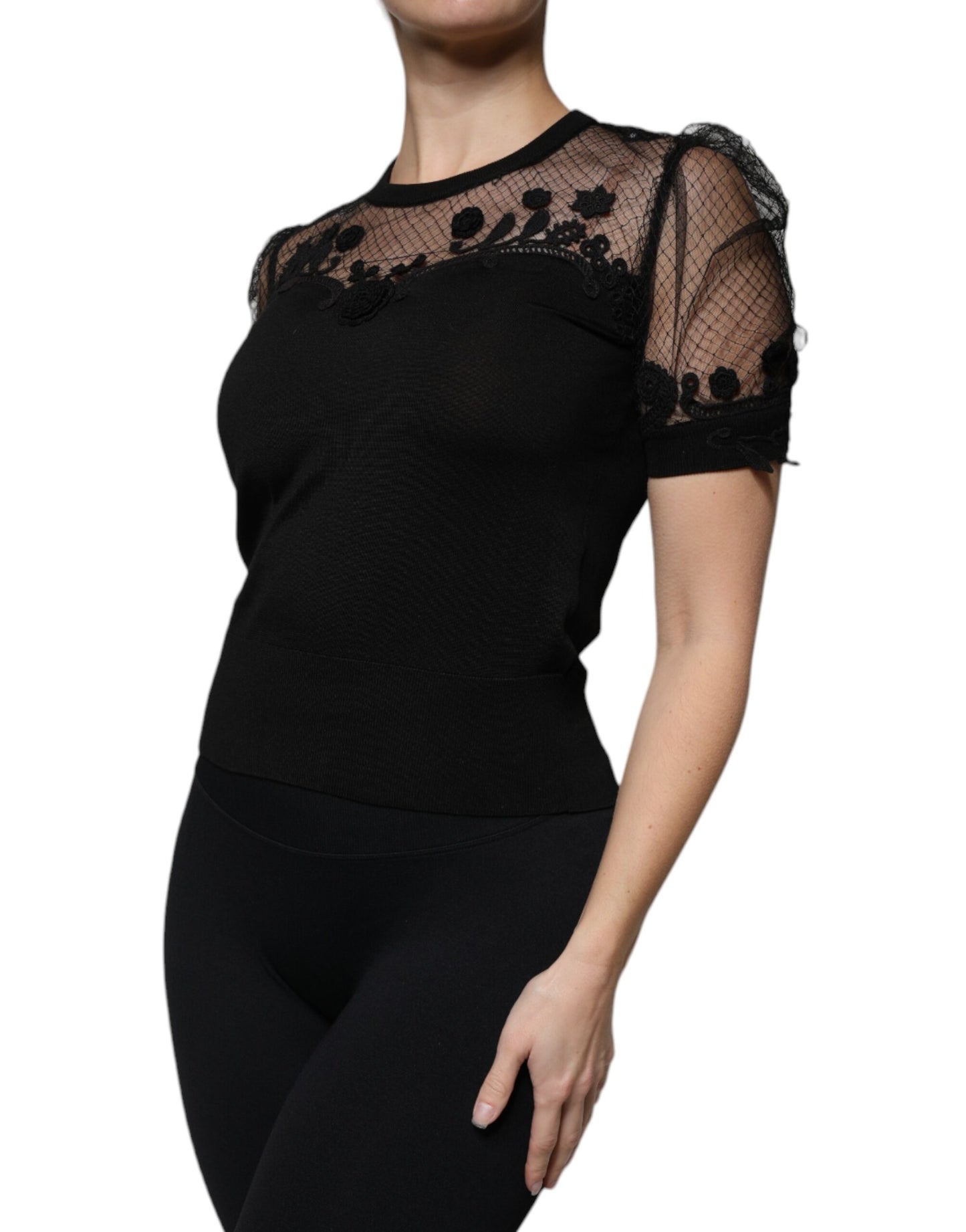Dolce & Gabbana Black Floral Lace Short Sleeves Blouse Top by Dolce & Gabbana