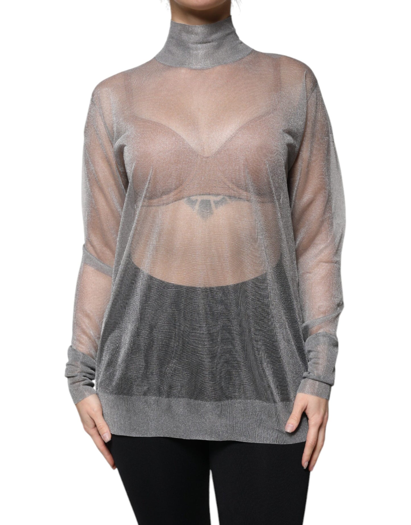Dolce & Gabbana Grey Mesh Turtleneck Long Sleeve Blouse Top by Dolce & Gabbana