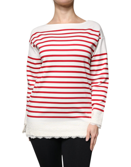 Dolce & Gabbana White Red Stripes Cotton Long Sleeves Top by Dolce & Gabbana