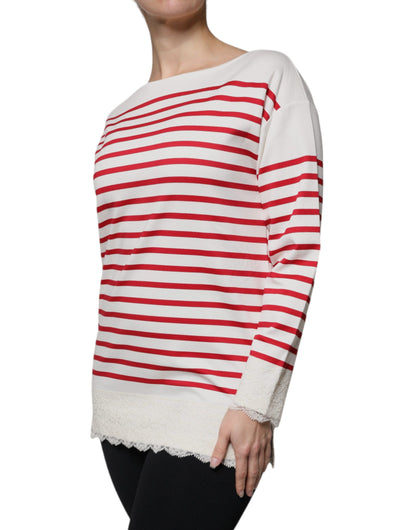 Dolce & Gabbana White Red Stripes Cotton Long Sleeves Top by Dolce & Gabbana