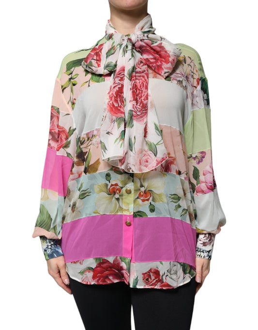 Dolce & Gabbana Multicolor Floral Patchwork Ascot Collar Top by Dolce & Gabbana
