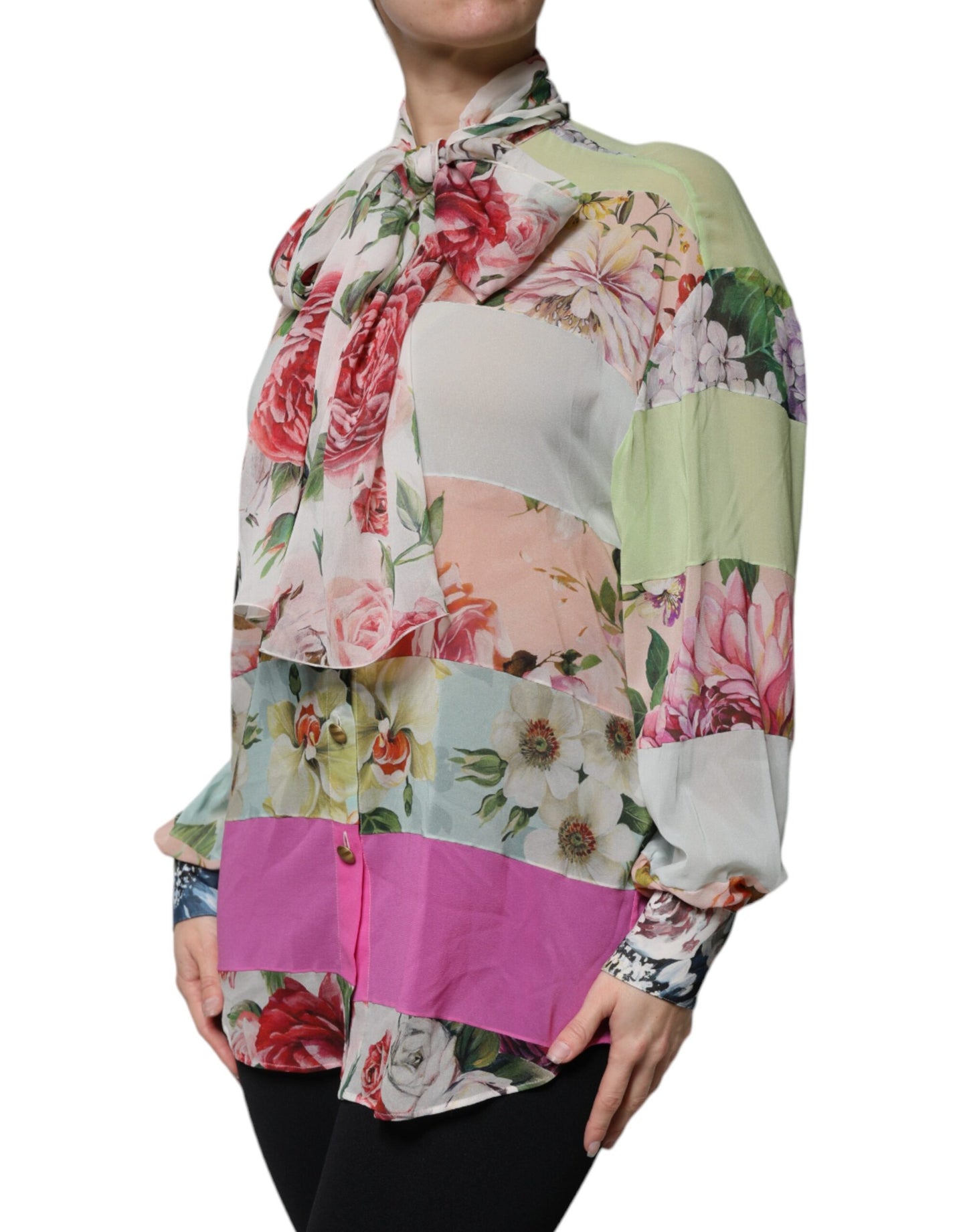 Dolce & Gabbana Multicolor Floral Patchwork Ascot Collar Top by Dolce & Gabbana