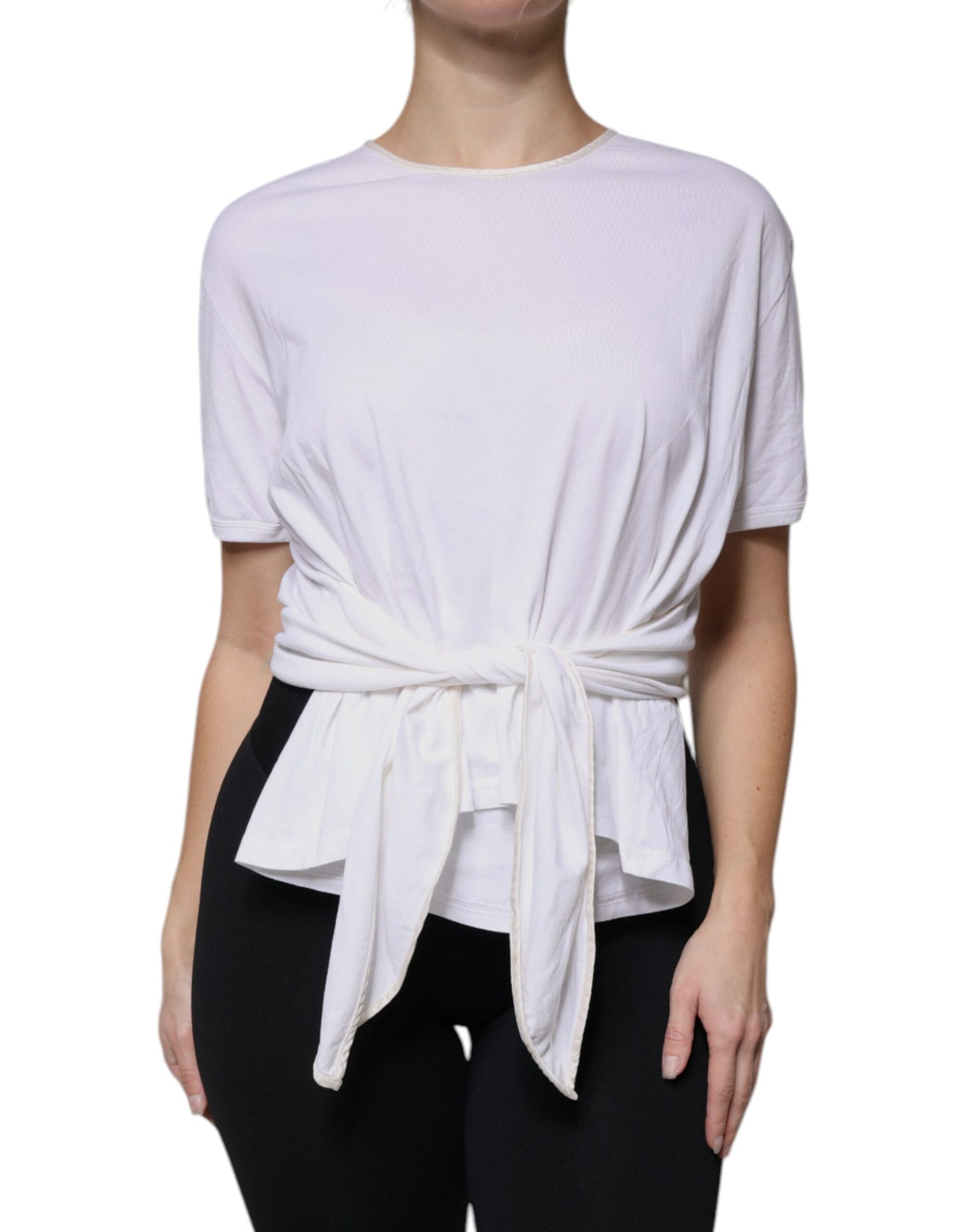 Dolce & Gabbana White Cotton Silk Round Neck Wrap Blouse Top by Dolce & Gabbana