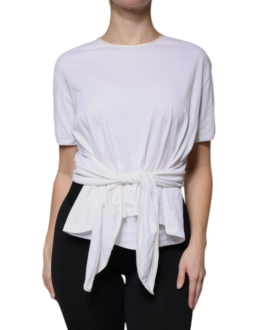 Dolce & Gabbana White Cotton Silk Round Neck Wrap Blouse Top by Dolce & Gabbana
