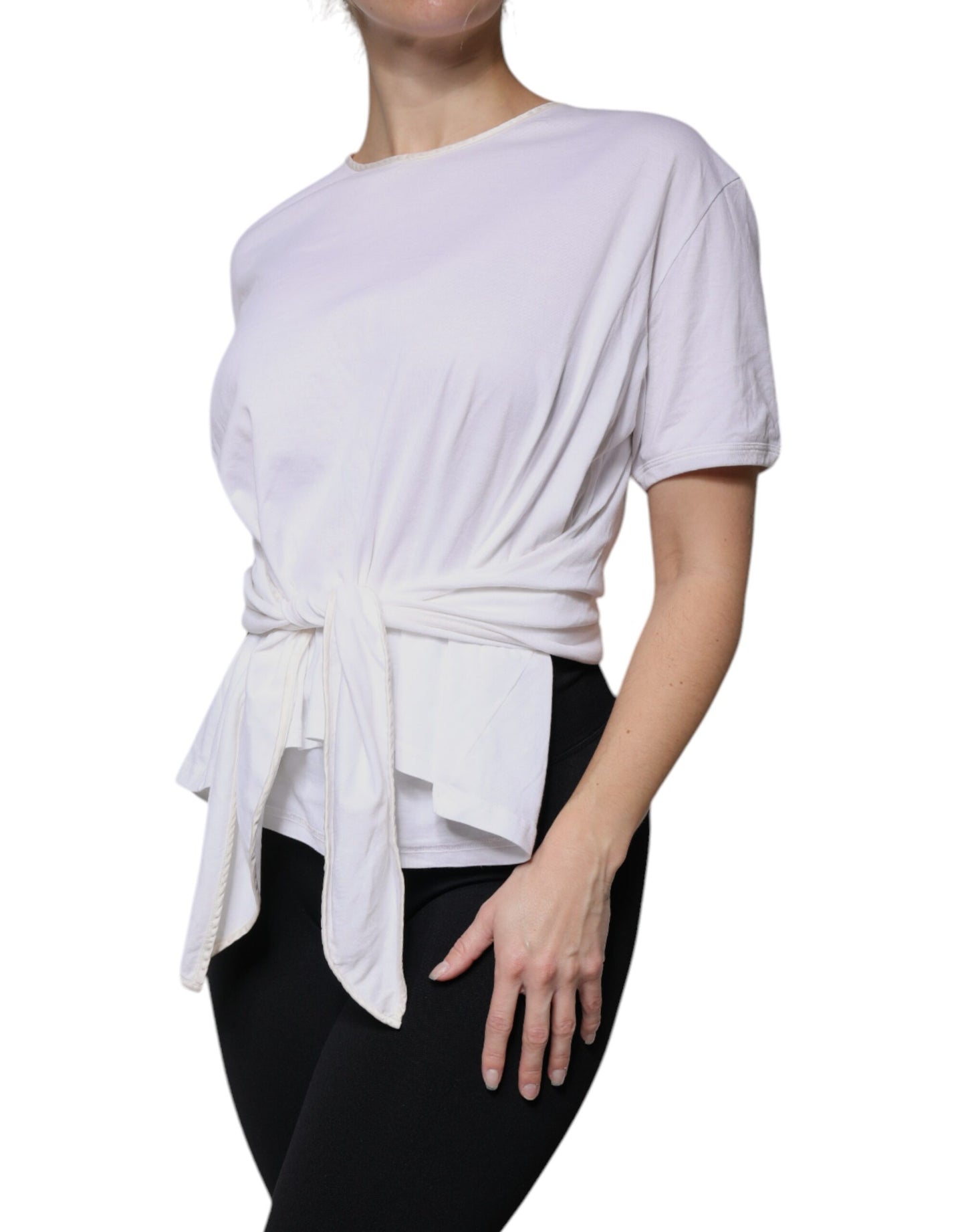 Dolce & Gabbana White Cotton Silk Round Neck Wrap Blouse Top by Dolce & Gabbana